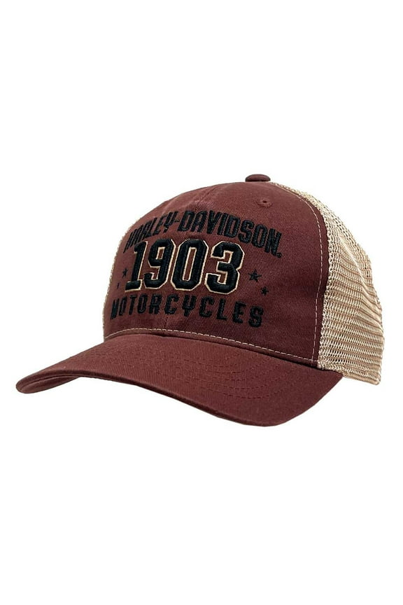Men's Greased 1903 Adjustable Snapback Mesh Trucker Hat - Rust, Harley Davidson