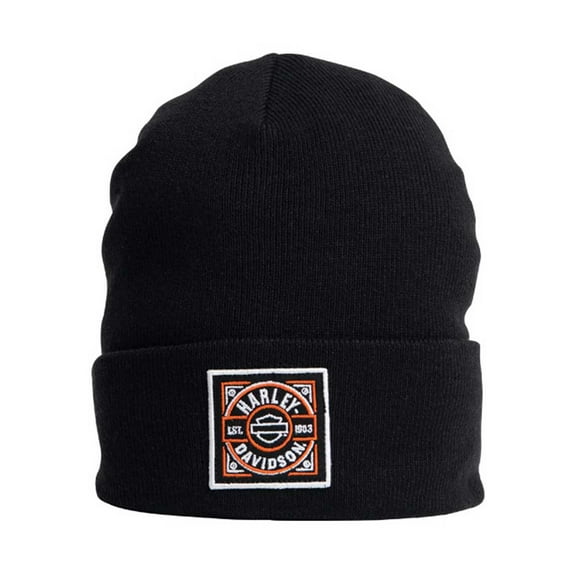 Harley-Davidson Men's H-D Label Patch Embroidered Cuffed Beanie Hat - Black, Harley Davidson