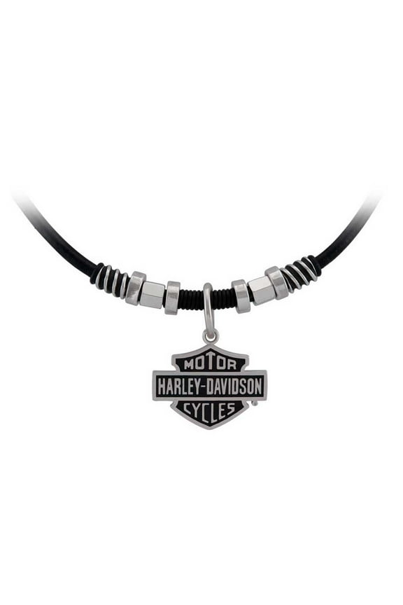 Men's Nut & Coil B&S Pendent Leather Necklace - Steel HSN0071-24, Harley Davidson