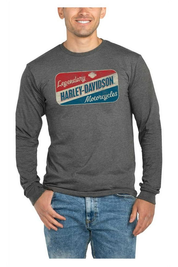 Men's Oil Sign Long Sleeve Crew-Neck Shirt - Heather Gray (XL), Harley Davidson