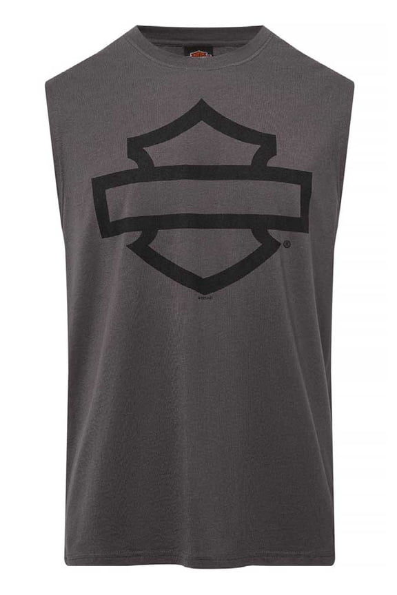 Men's Open Bar & Shield Sleeveless Muscle Shirt, Charcoal (L), Harley Davidson