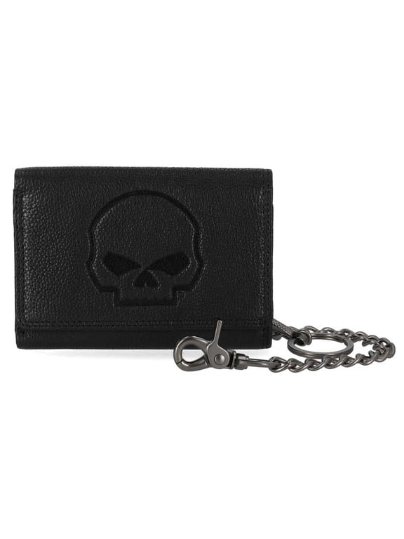 Men's Skull Embossed Medium Biker Chain Leather Wallet, Black, Harley Davidson