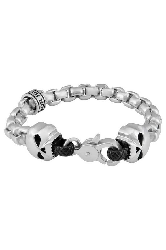 Men's Steel Rolo Chain Double Skull Metal Bracelet - Silver (8), Harley Davidson