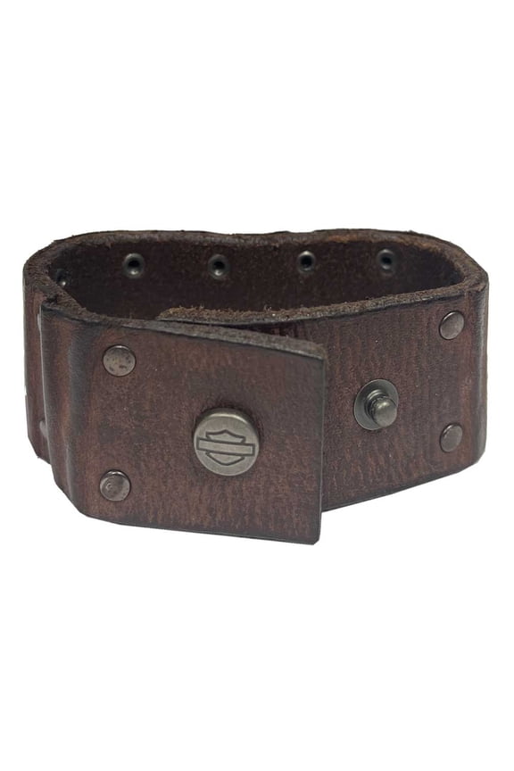 Men's Studded Ribbed Leather Cuff Bracelet Wristband (S/M) Brown, Harley Davidson