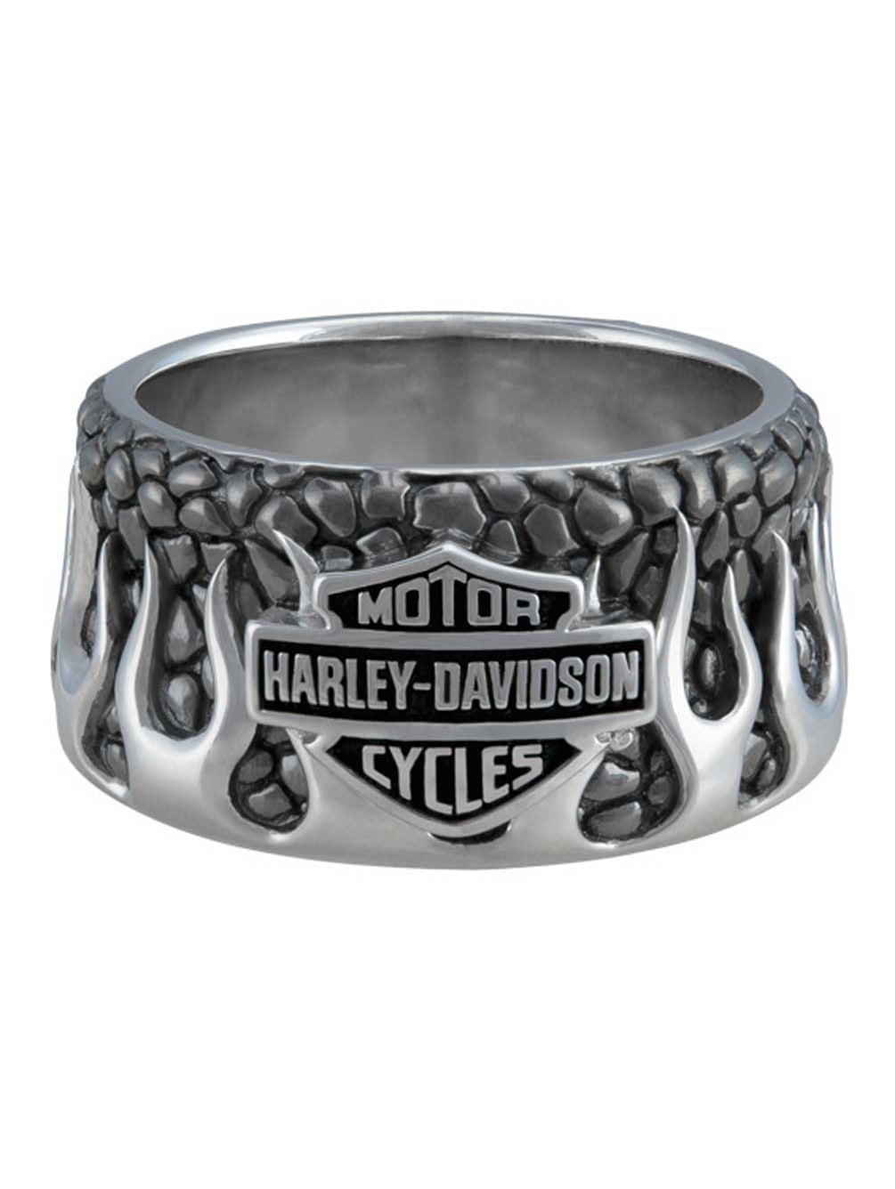 【Harley Davidson】ステンレス バイク リング Harley-Davidson Men's Textured Flames Bar & Shield Stainless