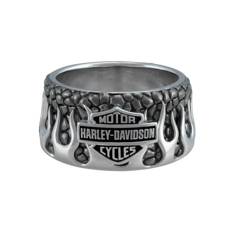 【Harley Davidson】ステンレス バイク リング Harley-Davidson Men's Textured Flames Bar & Shield Stainless
