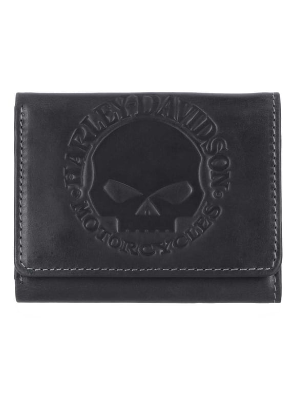 Men's Willie G Skull Snap Tri-Fold Leather Wallet, Black, Harley Davidson