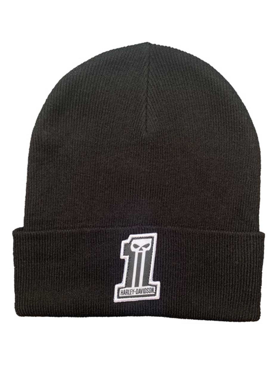 HarleyDavidson Men's Woven Dark Custom 1 Skull Patch Cuffed Beanie Hat Black, Harley