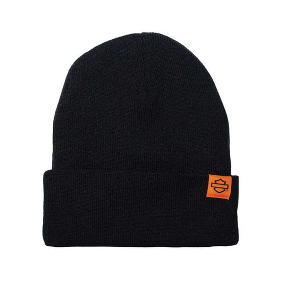 Harley-Davidson Men's Woven Label Bar & Shield Cuffed Acrylic Beanie Hat - Black, Harley Davidson
