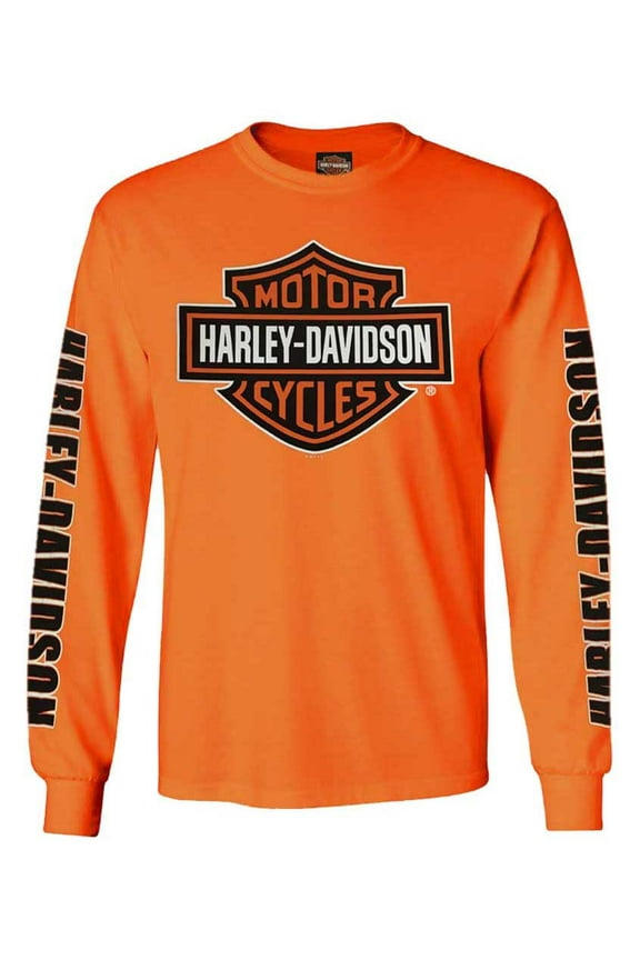 Mens Bar & Shield Long Sleeve Crew-Neck Tee, Safety Orange (3XL), Harley Davidson