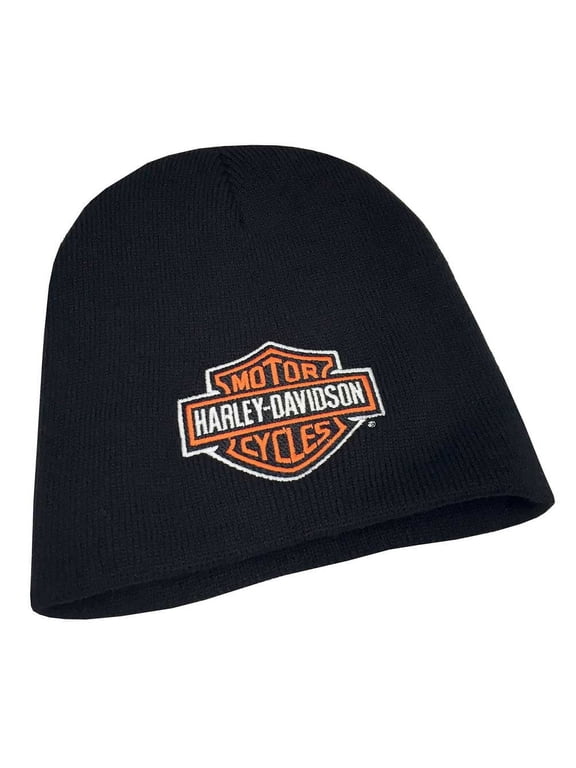 Mens Embroidered Bar & Shield Knit Beanie Cap, Black Hat, Harley Davidson