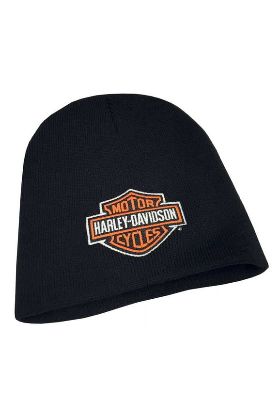 Mens Embroidered Bar & Shield Knit Beanie Cap, Black Hat, Harley Davidson