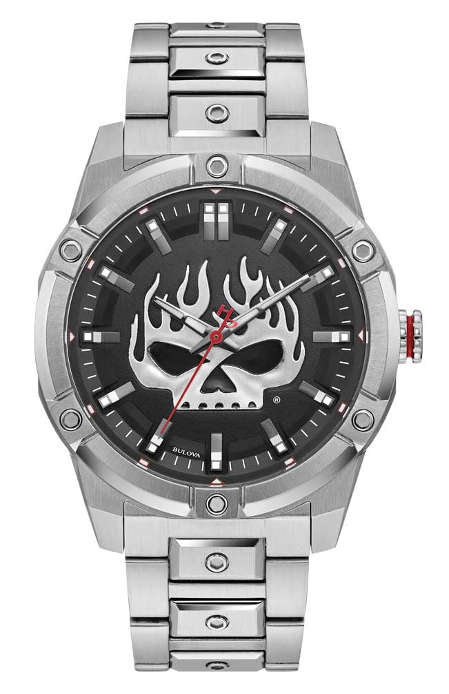 Harley-Davidson Mens Flaming Willie G Skull Stainless Steel Watch