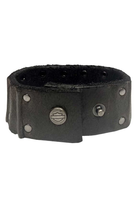 Mens Ribbed Studded Leather Cuff Bracelet Wristband (L/XL) Black, Harley Davidson