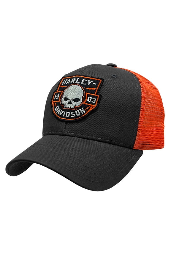 Mens Willie G Skull Patch Snapback Colorblocked Mesh Trucker Hat, Harley Davidson