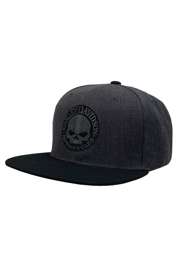 Mens Willie G Skull Snapback Flat Brim Baseball Cap - Gray/Black, Harley Davidson
