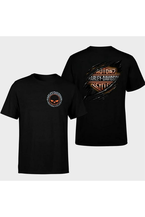 Harley Davidson Motorcycles T-shirt, 2 Sides, Ripped Bar and Shield Back Graphic, Soft Cotton Blend Shirt, Aggressive Biker Apparel for Men & Women, Harley Lovers Gift, Trendy Harley Shirt