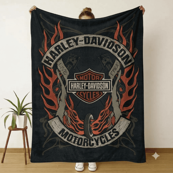 Harley-Davidson Throw Blanket, Vintage Biker Motorcycle Graphic, Retro Garage Decor, Cozy Rider Gift