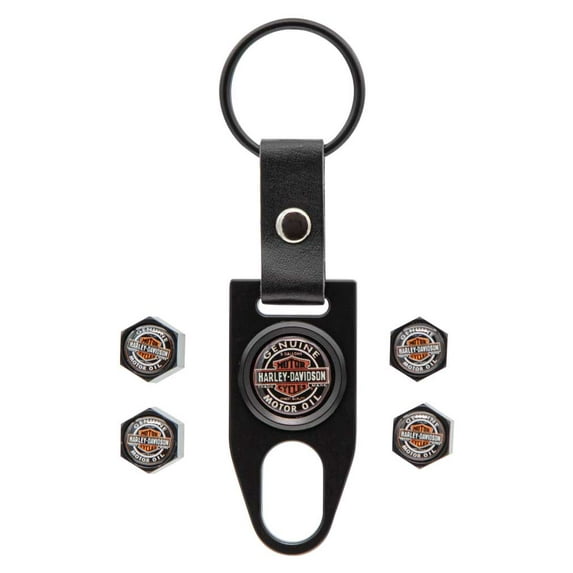 Harley-Davidson Vintage Genuine Motor Oil Valve Stem Covers & Key Chain - Black, Harley Davidson