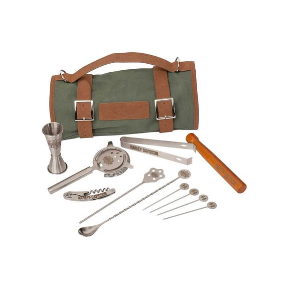 Harley-Davidson Winged B&S Cocktail Tools Durable Canvas Carrying Travel Kit, Harley Davidson