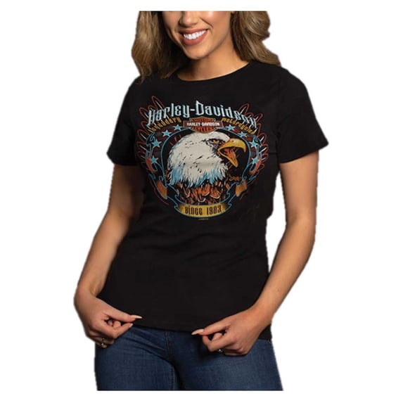 Harley-Davidson Women's Brightness Eagle Short Sleeve Burnout Tee - Black (L), Harley Davidson