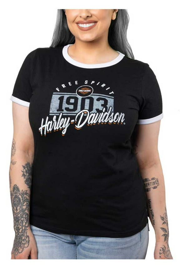 Women's Collegiate Short Sleeve Ringer Tee - Black/White (XL), Harley Davidson