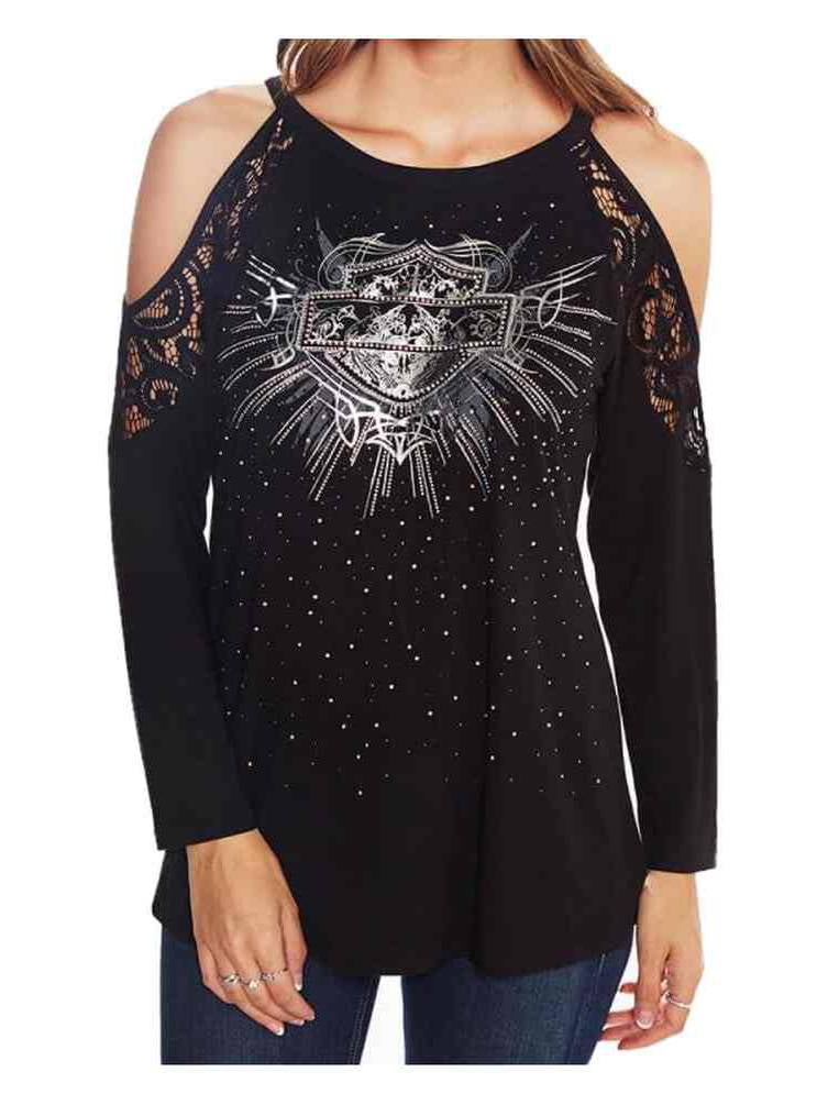 Harley-Davidson Women's Crystal Bar & Shield Cold Shoulder Long Sleeve Top  (XL), Harley Davidson