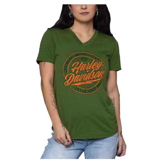 Harley-Davidson Women's Distressor Short Sleeve V-Neck Tee, Military Green (M), Harley Davidson
