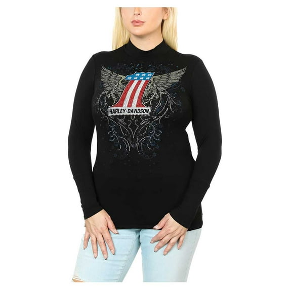 Harley-Davidson Women's Embellished #1 Winged Mock Neck Long Sleeve Top (XS), Harley Davidson