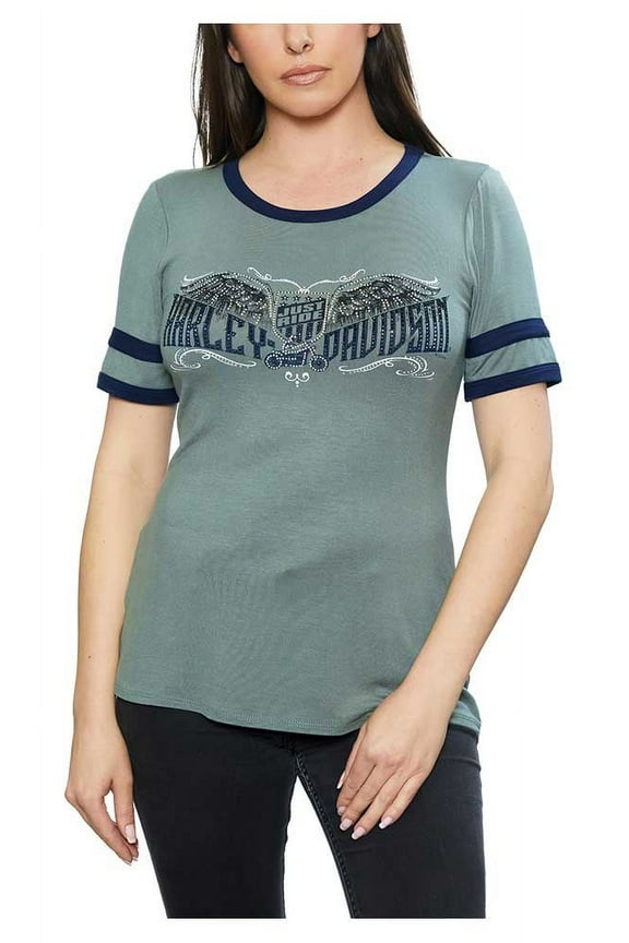 Women's Embellished Eagle Crew-Neck Short Sleeve Tee - Gray (M), Harley Davidson