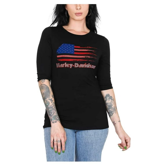 Harley-Davidson Women's Embellished Flag 3/4 Sleeve Round Neck Top - Black (L), Harley Davidson