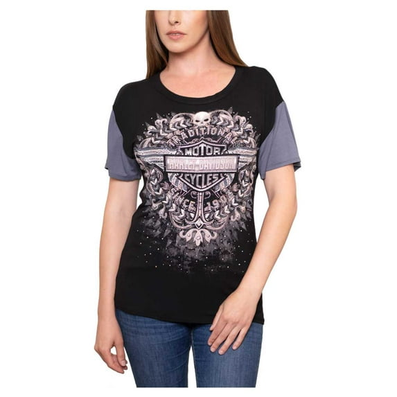 Harley-Davidson Women's Embellished Lane Blaze Short Sleeve Colorblocked Tee (S), Harley Davidson