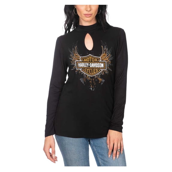 Harley-Davidson Women's Embellished Winged B&S Long Sleeve Keyhole Top (S), Harley Davidson