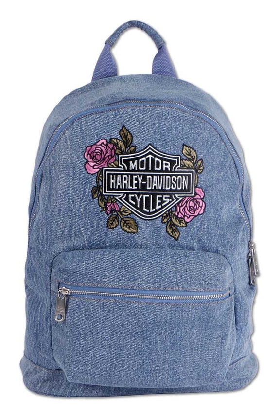 Women's Embroidered Bar & Shield Rose Denim Backpack, Wash Blue, Harley Davidson