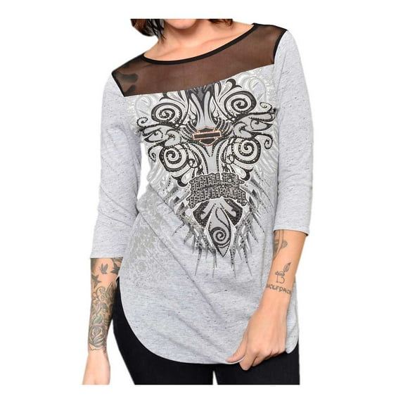 Harley-Davidson Women's Fall Fresh Embellished Mesh 3/4 Sleeve Top, Gray (M), Harley Davidson