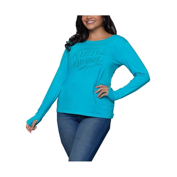 Harley-Davidson Women's Filigree Script Long Sleeve Scoop Neck Shirt, Jade (M), Harley Davidson