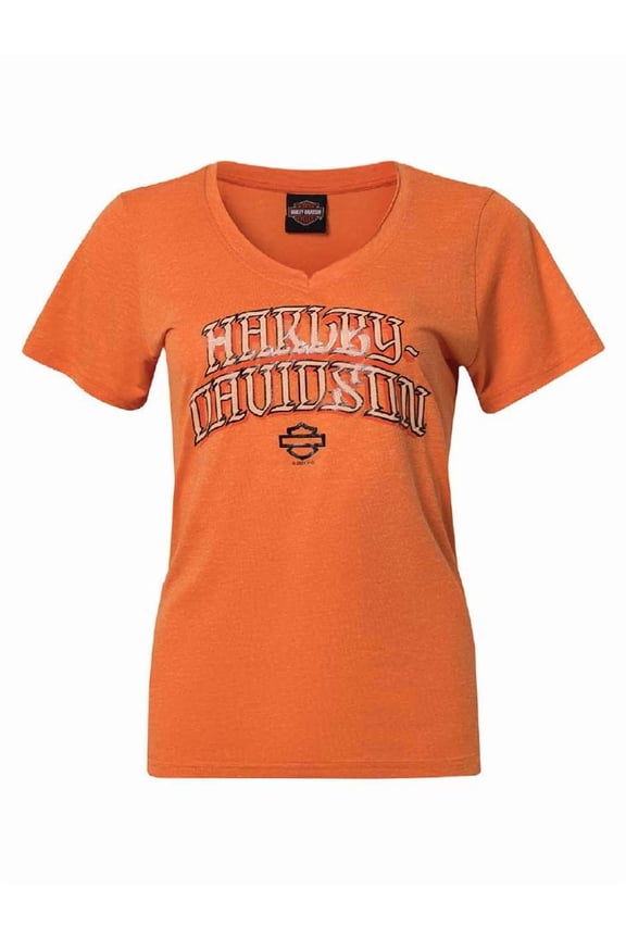 Women's Flare Foil Notched V-Neck Poly-Blend Tee, Orange (M), Harley Davidson