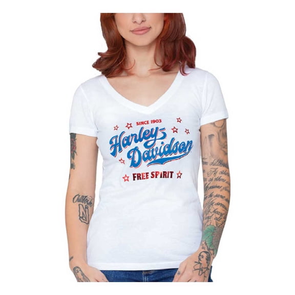 Harley-Davidson Women's Foil Print Unify Short Sleeve V-Neck Tee - White (XL), Harley Davidson
