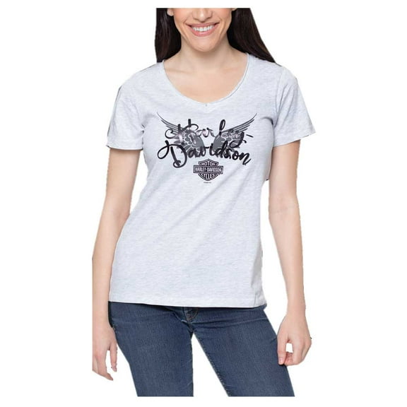 Harley-Davidson Women's Foil Swirl Wings Raw-Edge V-Neck Short Sleeve Tee (2XL), Harley Davidson