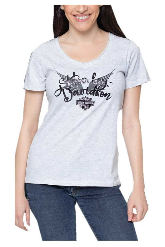 Women's Foil Swirl Wings Raw-Edge V-Neck Short Sleeve Tee (2XL), Harley Davidson