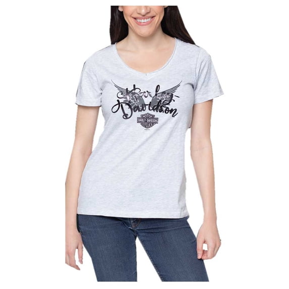 Harley-Davidson Women's Foil Swirl Wings Raw-Edge V-Neck Short Sleeve Tee (M), Harley Davidson