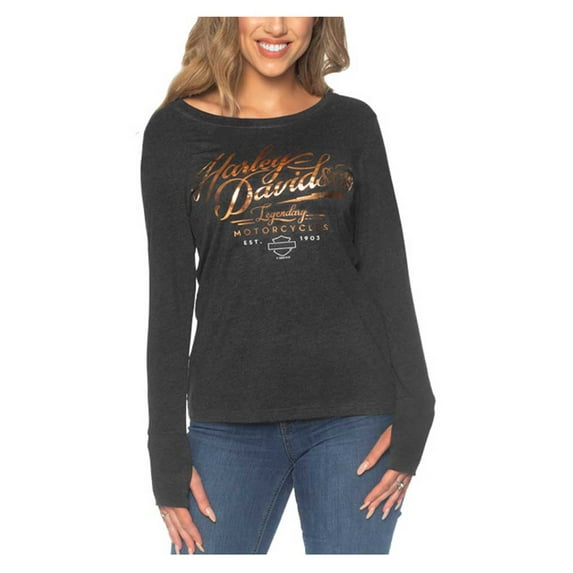 Harley-Davidson Women's Foiled H-D Long Sleeve Poly-Blend Shirt, Black (S), Harley Davidson