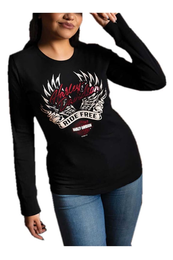 Women's Foiled Wings Vibe Long Sleeve Cotton Shirt - Black (XL), Harley Davidson
