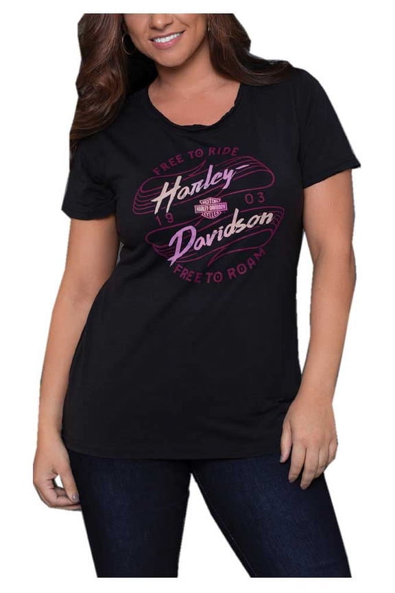Women's Free Wheels Raw-Edge Scoop Neck Short Sleeve Tee (L), Harley Davidson