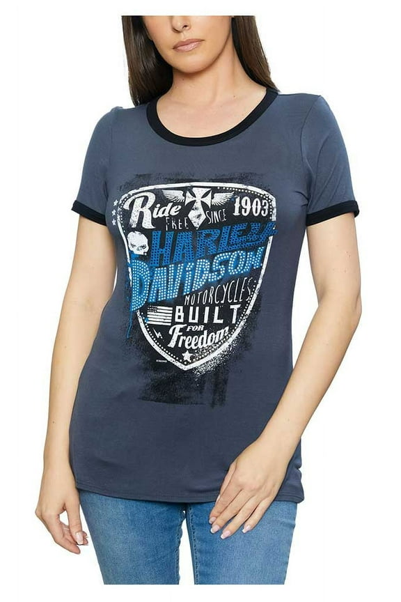 Women's Freedom Ride Embellished Short Sleeve Tee - Gray (L), Harley Davidson