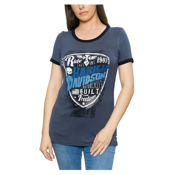 Harley-Davidson Women's Freedom Ride Embellished Short Sleeve Tee - Gray (S), Harley Davidson