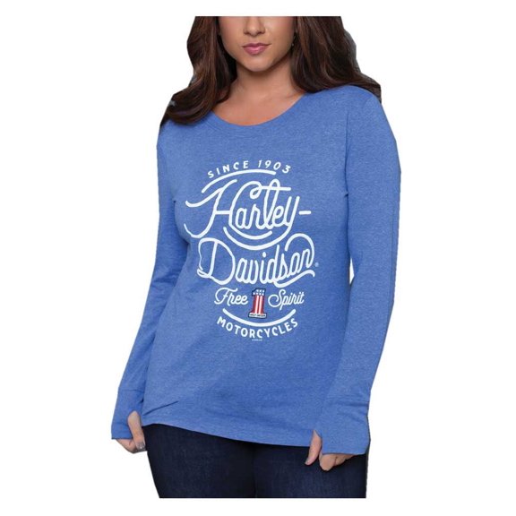 Harley-Davidson Women's Frolic Long Sleeve High-Low Scoop Neck Shirt, Blue (XL), Harley Davidson