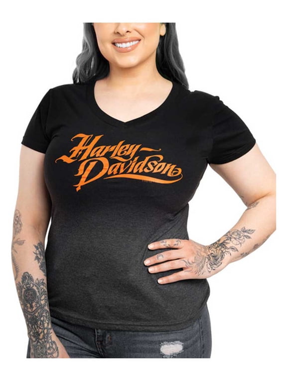 Women's H-D Text V-Neck Short Sleeve Tee - Ombre Black (L), Harley Davidson