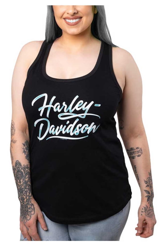 Women's Lit Script Racerback Sleeveless Tank Top - Black (M), Harley Davidson