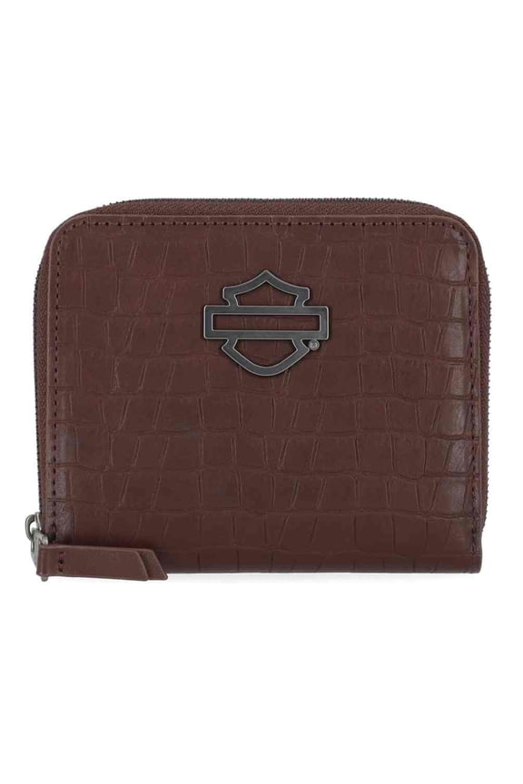Women's Metal Bar & Shield Croco Small Zip Around Wallet, Maroon, Harley Davidson